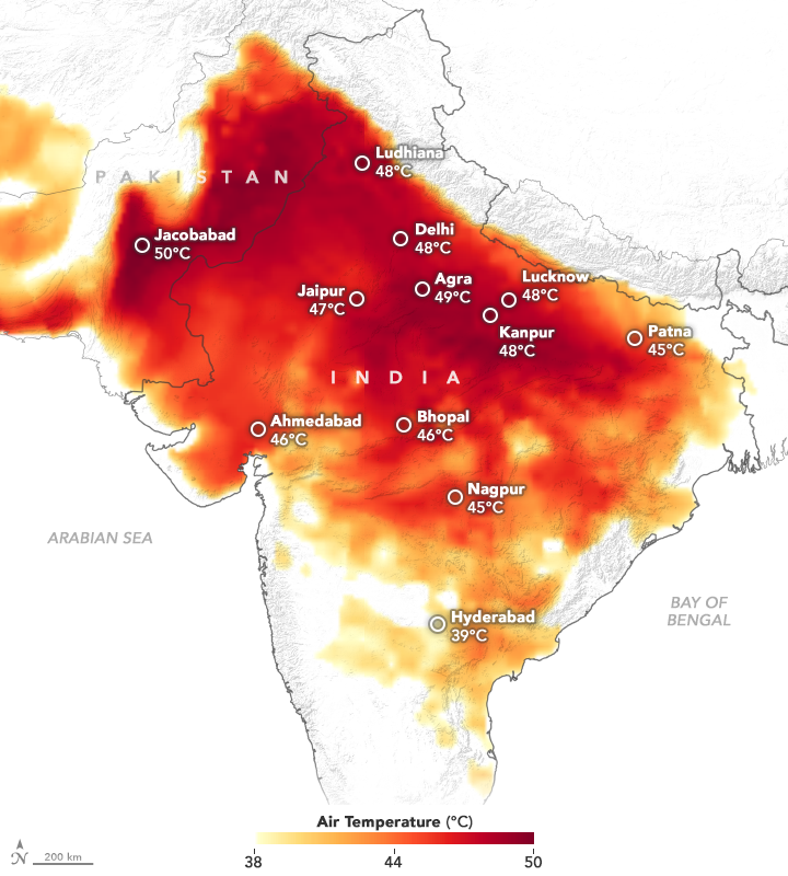 Temp in India in June 2019. Northern half of india over 45C getting more hot (~50C) moving north west. South western india around 38C