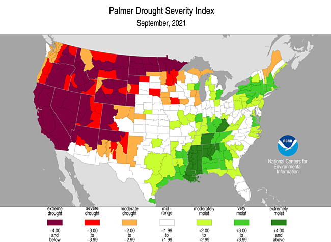 drought map Sept. 1, 2012. Sever to extreme drought in midwest & CA. Near normal along east coast, moist in parts of FA, LA, OR and MI
