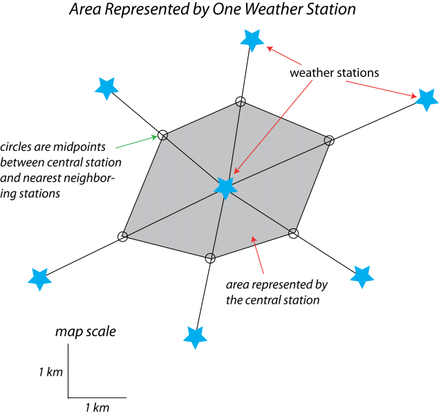 map showing different weather stations and the area they cover based on halfway points to the next closest weather stations