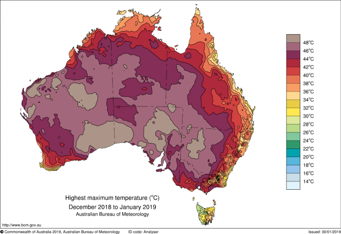 Map of Australia shows maximum temperatures in Dec 2018- Jan 2019. "Cooler" near coast. More ~45C, inland sections 50*C+