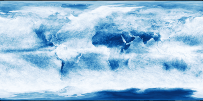 Global map of the percent cloud cover for March. Matched spots of less radiation from image above. Lots of clouds between poles and tropics