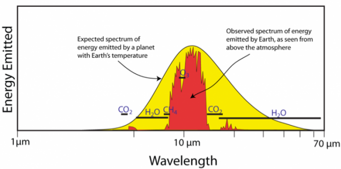 Graph showing that the spectrum of energy emitted
                  from the earth is a direct measurement of the extent
                  to which greenhouse gases absorb a portion of the
                  energy emitted from earth's surface, see image
                  caption