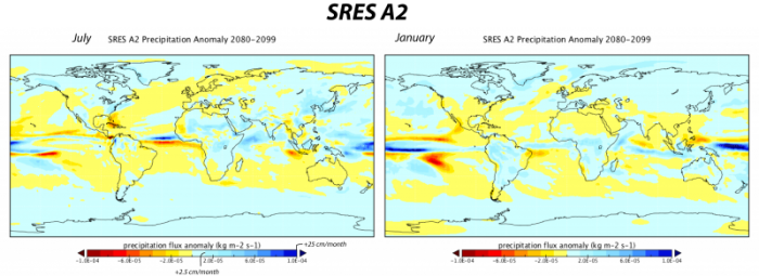 Precipitation anomaly maps for the A2 scenario for the 2080-2099 time period.