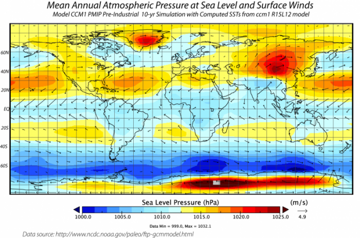 Map of the world showing air pressure and winds calculated by a GCM, see image caption