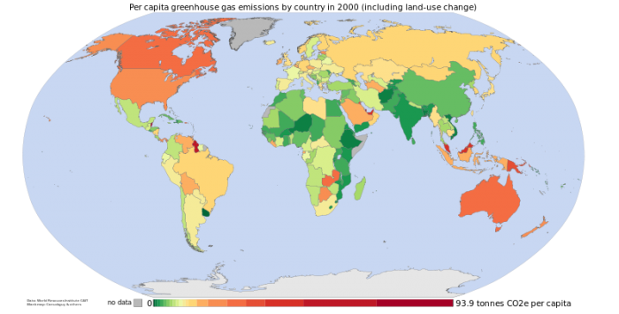 Per capita greenhouse gas emissions by country in 2000