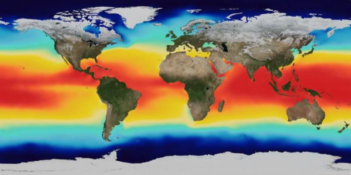 Colored world map of average sea surface temperatures