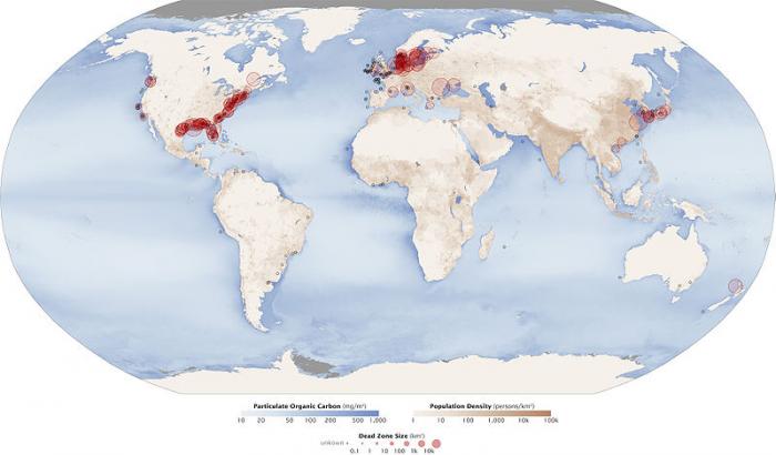 World map showing occurrence of aquatic dead zones and their relationship to global population