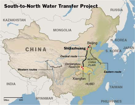 Map showing the South-to-North Water Transfer Project in China with Western, Central, and Eastern routes.