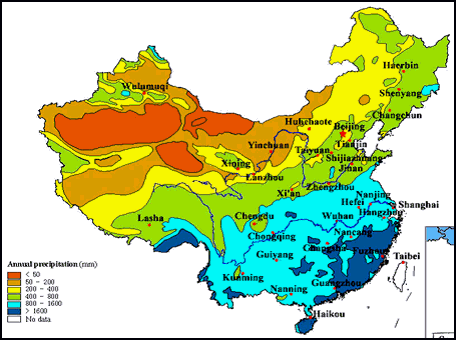 Map showing division of China into halves based on precipitation. Northern half of the country arid and southern half is wet.