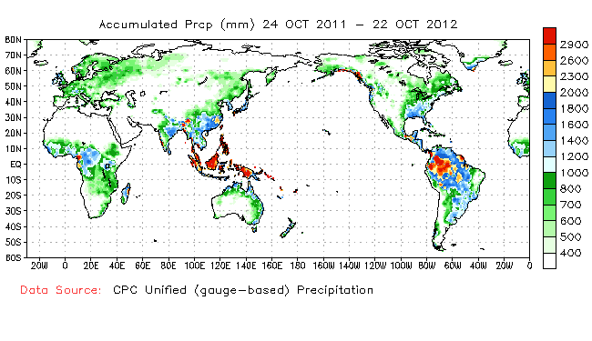 World map showing accumulated precipitation from Oct. 24, 2011 to Oct. 22, 2012