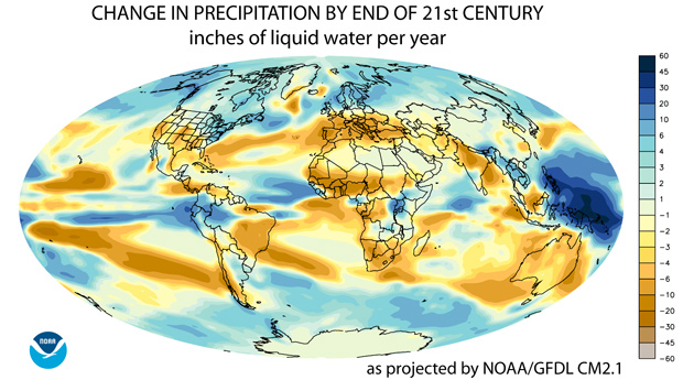 Map of globe showing predicted change in precipitation by the end of the 21st century as a result of climate change