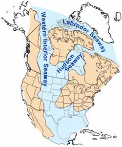 Map of North America with a seaway through the middle of the continent. 