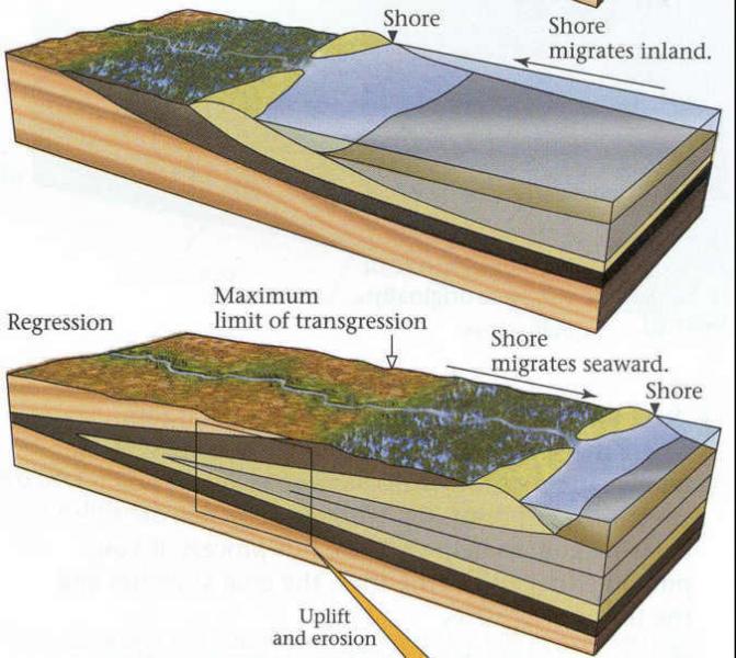 Diagram showing changes that can lead to relative rise of sea level and relative fall of sea level