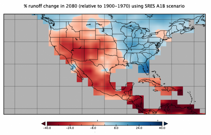 Map showing percentage of runoff change in 2080