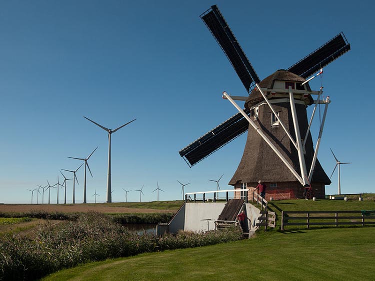 Picture of old and new windmills in the Netherlands. Details in caption.
