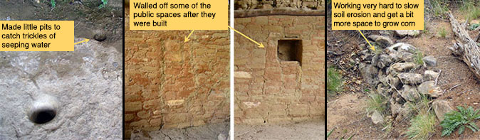 Far left shows little pits in rock. Two center images show walled off public spaces. Far right shows piles of rocks to slow erosion.