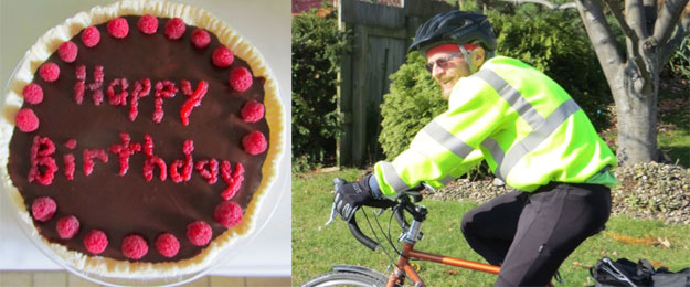On left, a birthday cake. On right, Dr. Alley on a bicycle.