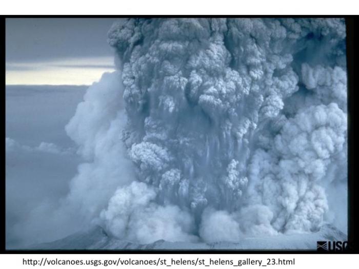 1980 eruption of Mt. St. Helens shows large clouds of smoke.