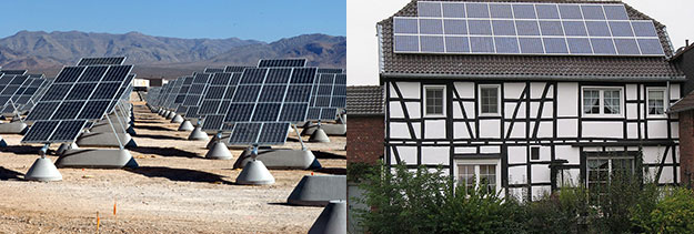 Solar photovoltaics. Left image has a large desert full of solar photovoltaics. Right photo has a small amount on a house roof 