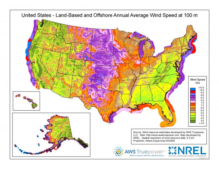 graph showing annual average wind speed at 100 meters in U.S.