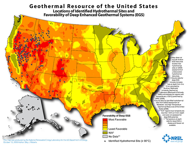 Geothermal resouce map of U.S. Most resources occur oin the Western US like NV, ID, OR