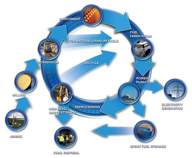 Diagram of Nucleaer Fuel Cycle, described in text below.