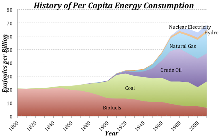 History of per capita energy consumption.big rise starts 1940s then per capita consumption levels off 1980s-1990s.Rises again more recently.