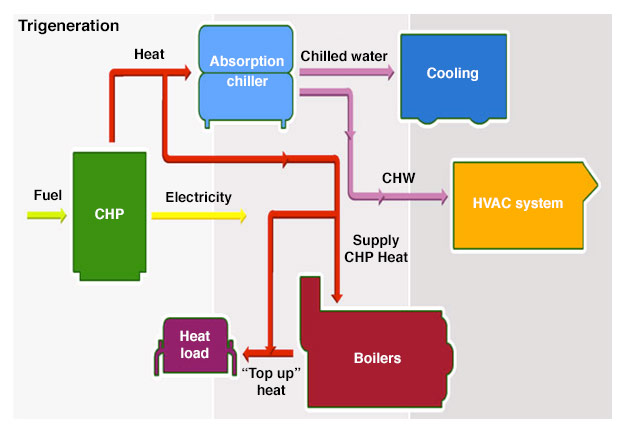 Trigeneration (CCHP) diagram, explained above. Energy produces heat, which can be used, chilled and stored or chilled and used