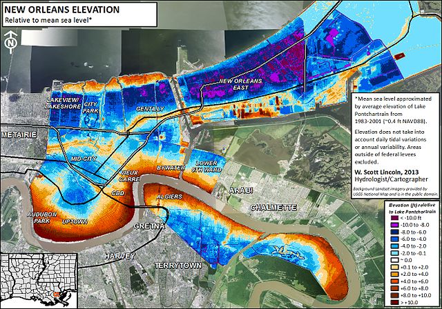 Map of N.O. elevation relative to Lake Pontchartrain. Between lake & the Mississippi river elevation is mostly 2-10 feet below the lake