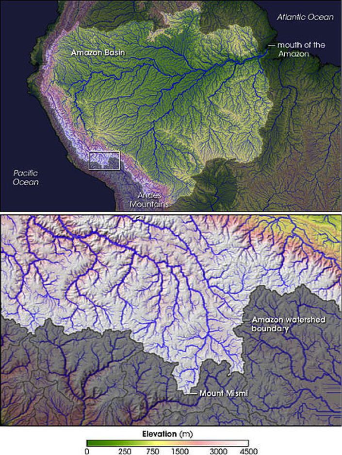 Map of Amazon Basin with detail section of Amazon watershed boundary in the Andes. See captions for more.