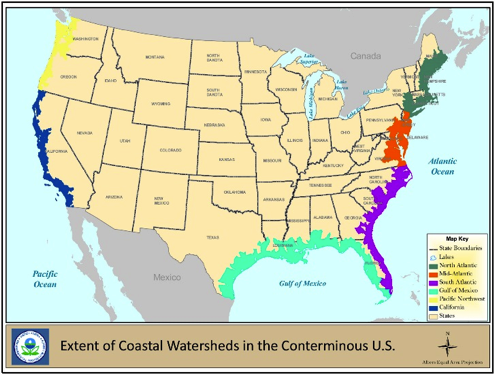 U.S. map of the 6 coastal watershed provinces: pacific northwest, California, Gulf of Mexico, South-, Mid-, and North Atlantic.