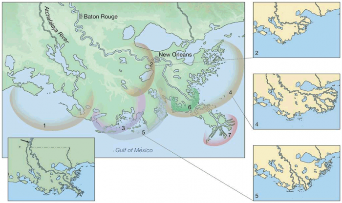  Map of Mississippi River delta growth over time. 7 different areas of growth described in caption