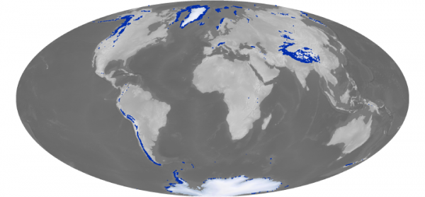 Global map with glacier deposits: U.S. north west, Andes, Himalayas, Alps, Greenland, and the poles.