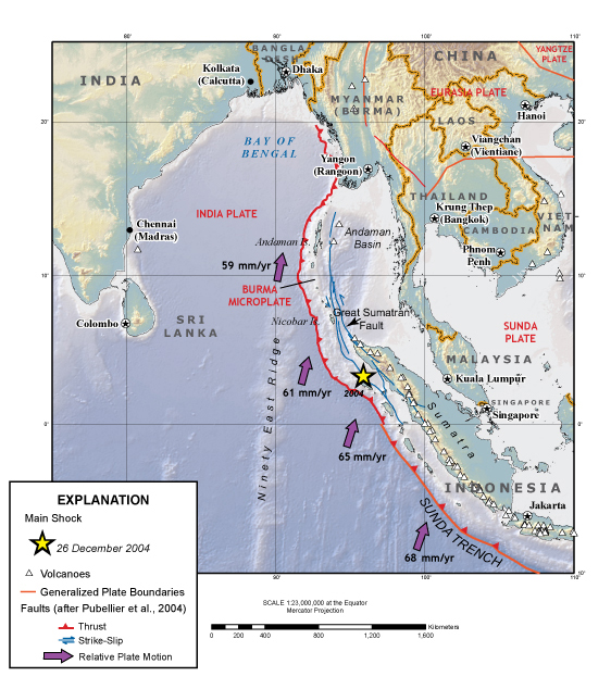 See caption: Plate boundary on Sunda trench. Shock zone slightly south of fault.