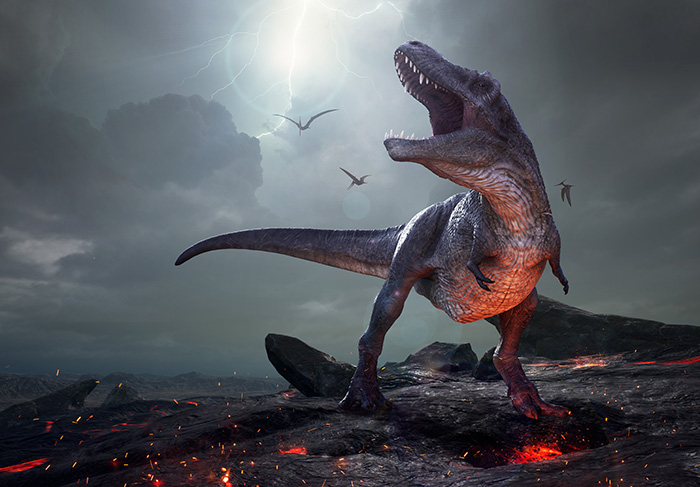 3D Rendering of T Rex amidst charred landscape.
