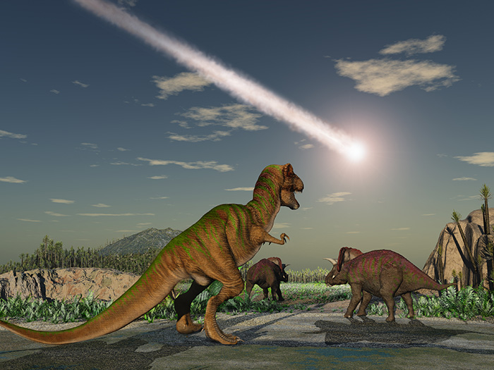 Dinosaurs look on as asteroid blazes by through atmosphere.