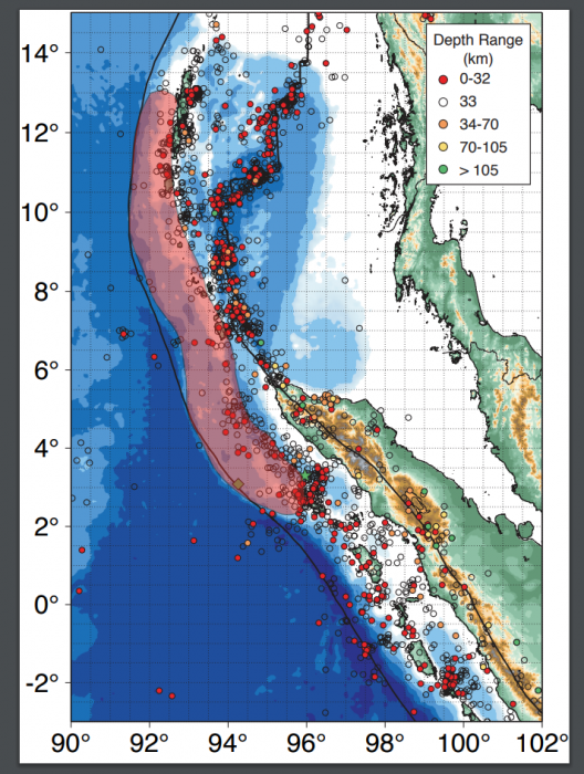 Red shaded area to the northwest of Sumatra.