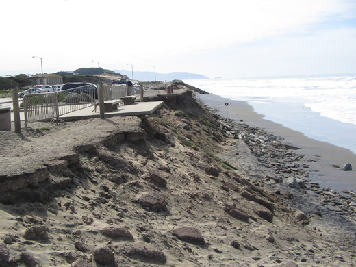 Same bench Ocean Beach after severe erosion. Bench still on concrete platform but half of platform has no ground below it.