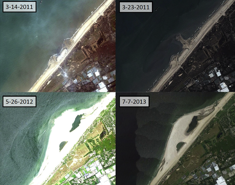 Top two images (2011) show straight line coast, while bottom two images (2012-13) show a bulge out to sea. See caption for more.