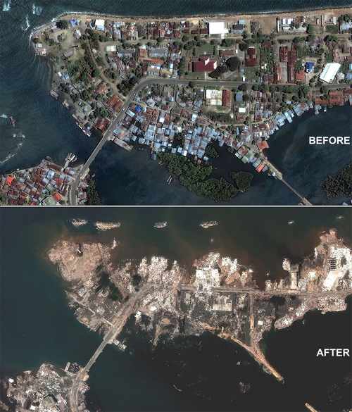 Two images: before tsunami, versus after tsunami, when half of the area is submerged and everything in remaining dry area is destroyed.