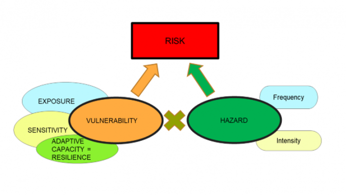 Frequency and intensity of hazard, paired with exposure, sensitivity, and resilience as they relate to vulnerability, contribute to risk.
