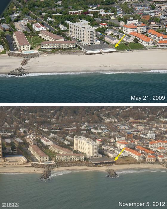 Beach before and after hurricane: much shorter beach and destruction of parking structures.
