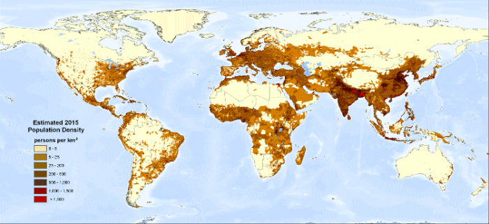 Population density map. Density along American coasts, Caribbean, Europe, North and Central Africa, South and Eastern Asia.