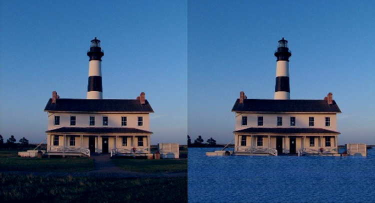 Left: lighthouse with lawn and walkway. Right: same lighthouse with water up to the front porch.