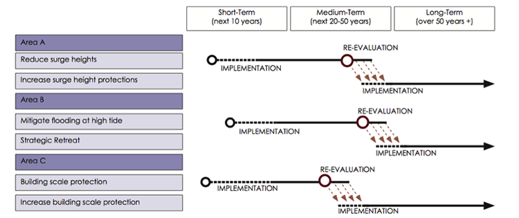 Adaptation pathways undergo reevaluation in the medium-term future (20-50 years from now), and then reach long-term implementation track.