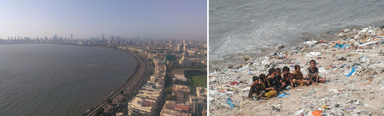 Coast with highrise buildings along beach (left);  kids on debris littered beach (right).