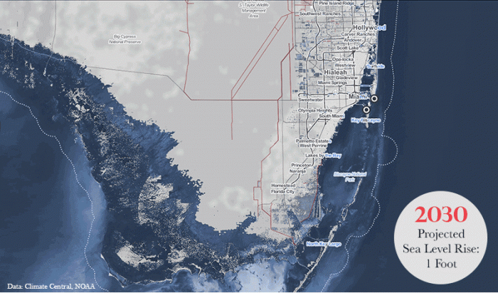 Projected one foot of sea level rise by 2030 encroaches significantly on the area around Miami.