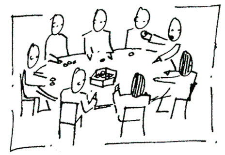 Dialogue cartoon, people sitting around a table.