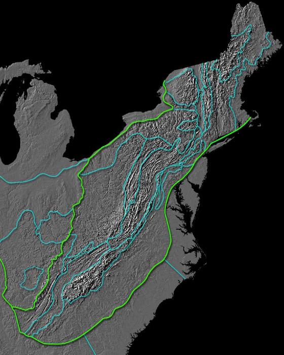 Satellite image of the Appalachian Basin outlined in green, with the various sub-basins in blue