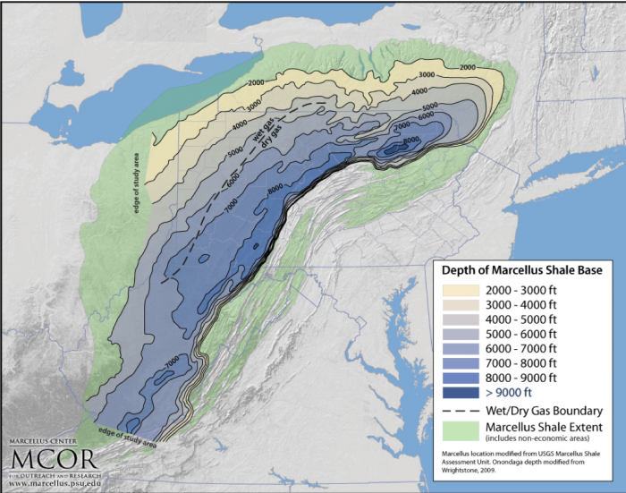 Map showing depth of Marcellus Shale